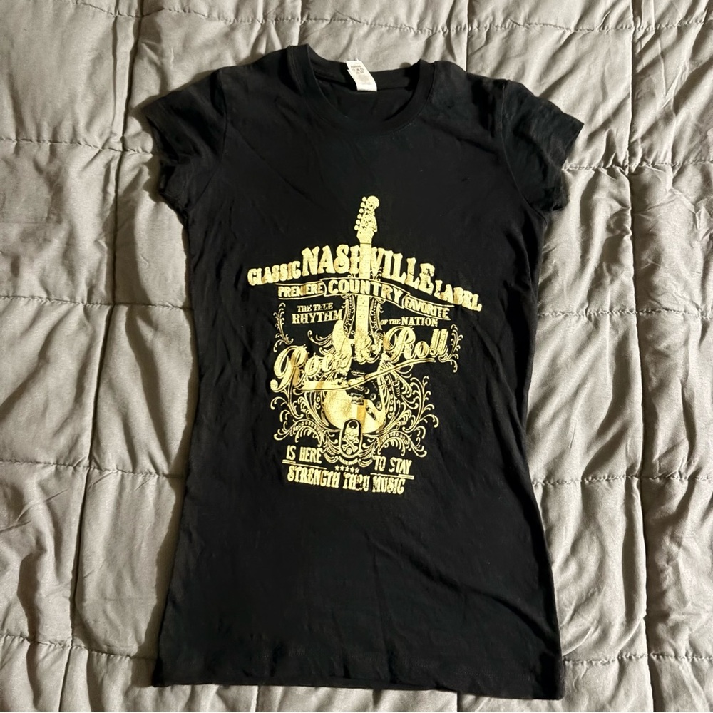 Pimatee Classic Nashville Fitted Black Rock & Roll Here To Stay Shirt Size Small